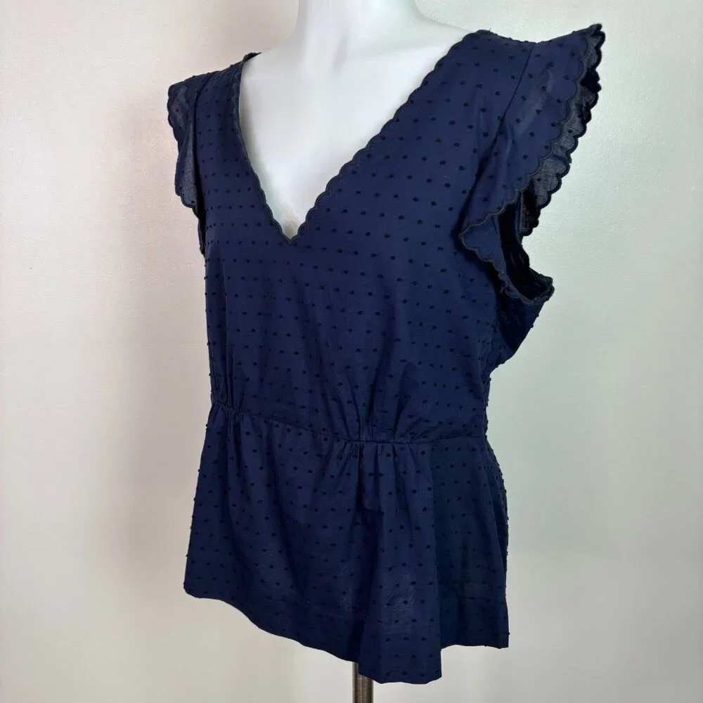 J. Crew Top 12 Navy Blue Swiss Dot Peplum Flutter Sleeve Scalloped V-Neck Blouse - Picture 3 of 11